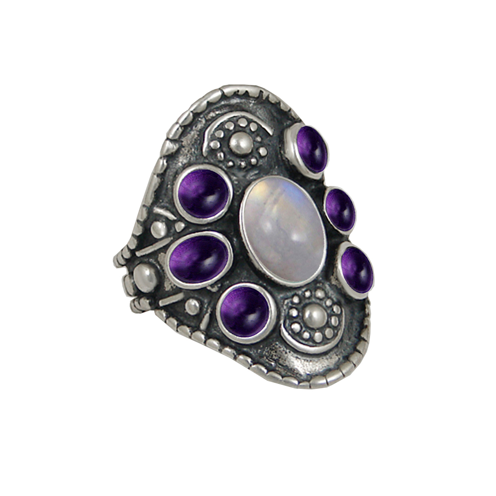 Sterling Silver High Queen's Ring With Rainbow Moonstone And Amethyst Size 7